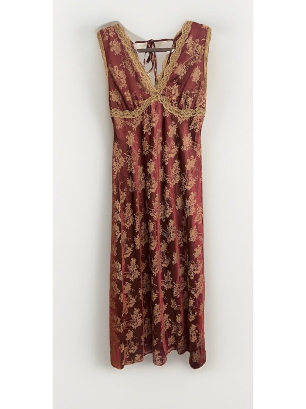 Sincerely L Maxi Slip Dress Burgundy Gold Floral Lace Whimsigoth Cottagecore.  X